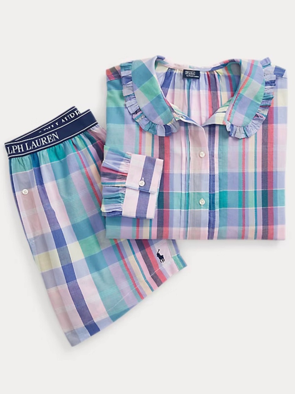 Polo Ralph Lauren Plain Cotton Pajama Set Shorts Button Down Shirt Collar